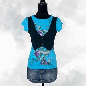Live To Be Spoiled Y2k Blue & Black Ed Hardy Graphic Style Tee with Black Vest